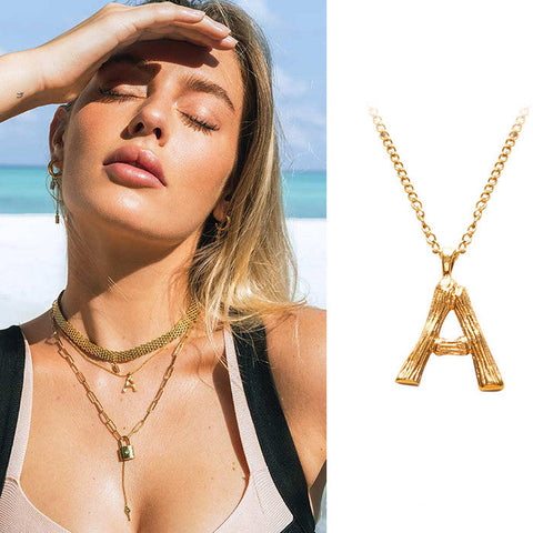 HeyCuzi Initial Letter Necklace (Bamboo Rustic Style Letter）